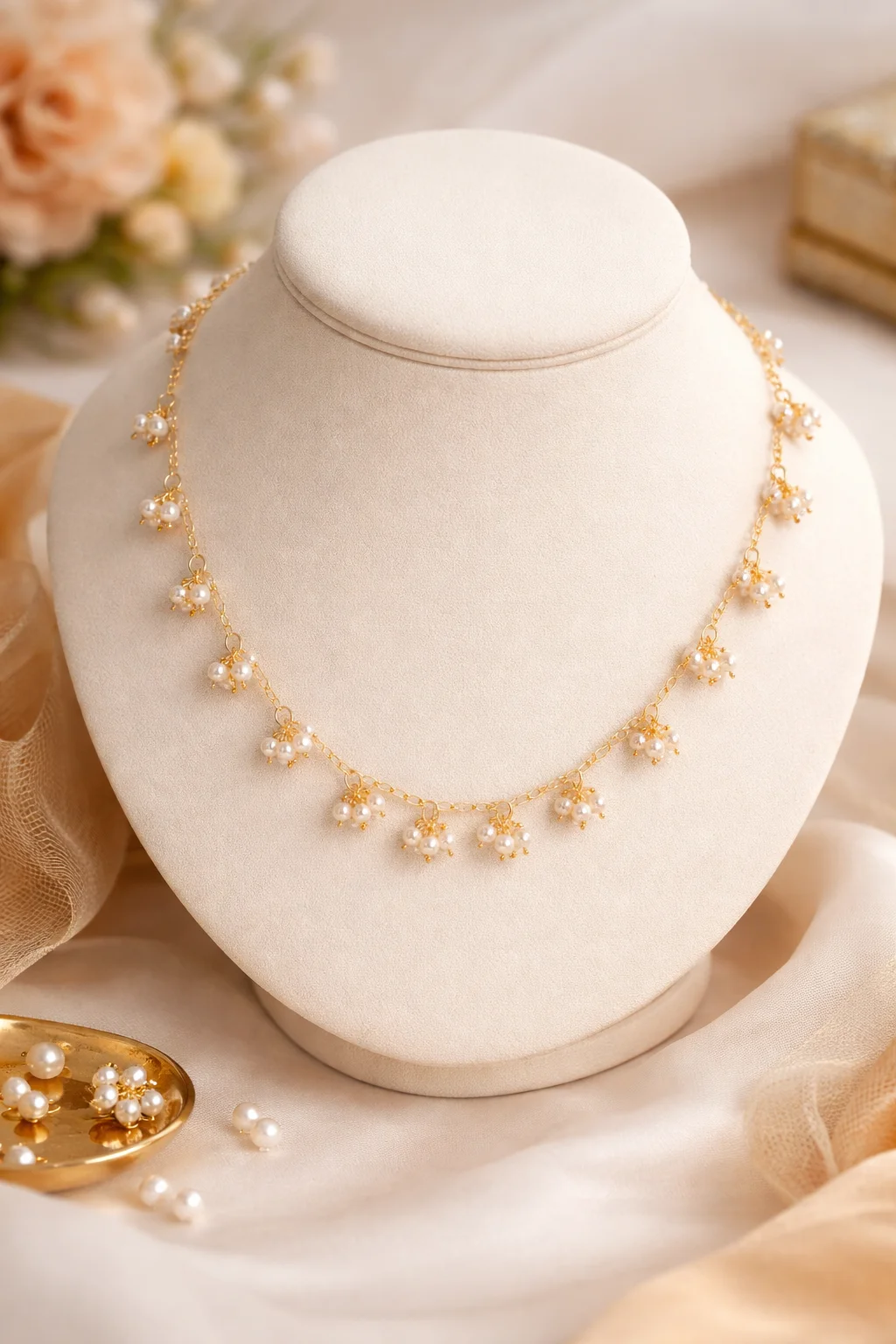 Handmade Gold Pearl Cluster Necklace for Women